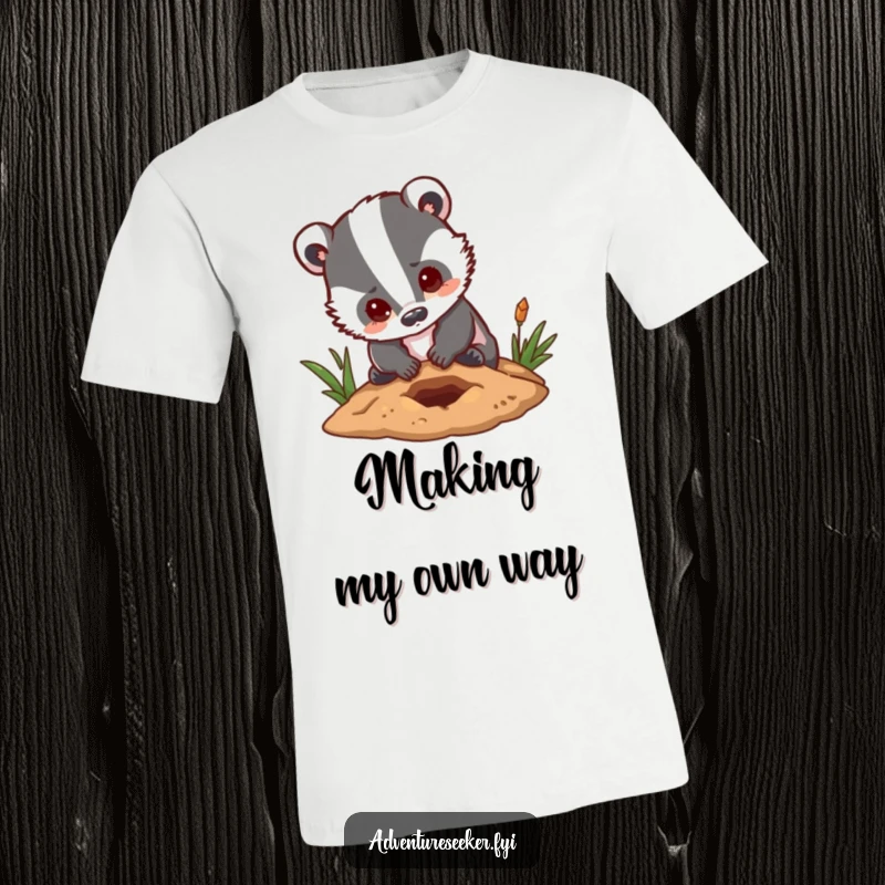 Funny badger t-shirt depicting a hardworking character digging a hole with a focused and hopeful expression, embodying determination.