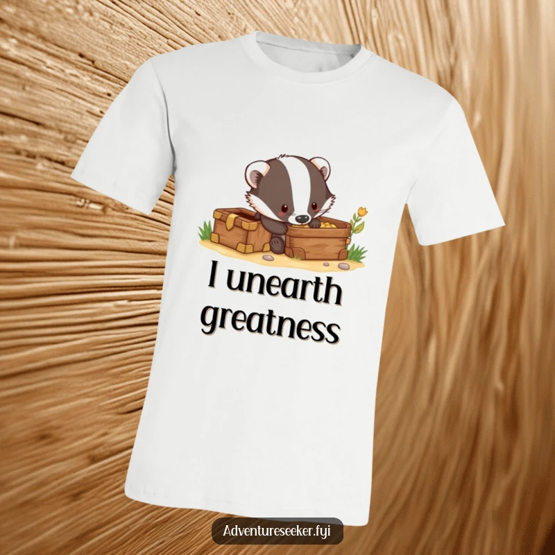 Funny t-shirt depicting a curious badger digging with great excitement near a hidden, glimmering treasure chest, ready for riches.