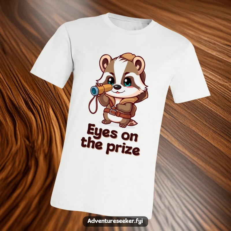 Funny t-shirt with a brave badger explorer character excitedly using a spyglass, ready for adventure and discovery, making it a unique gift.