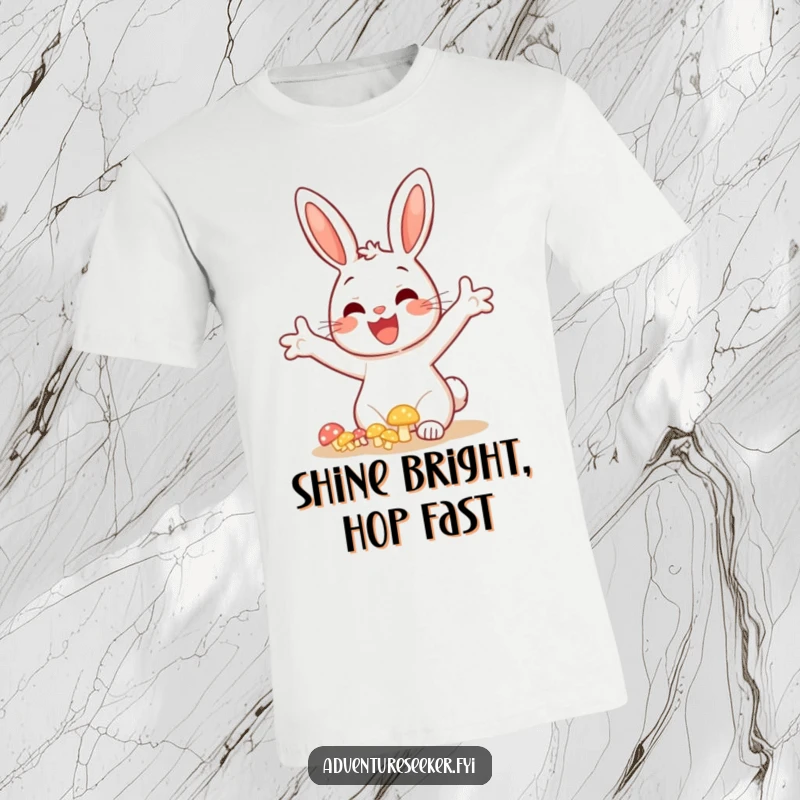 Funny bunny character t-shirt, arms wide in excitement, discovering a cluster of glowing mushrooms in a forest setting.