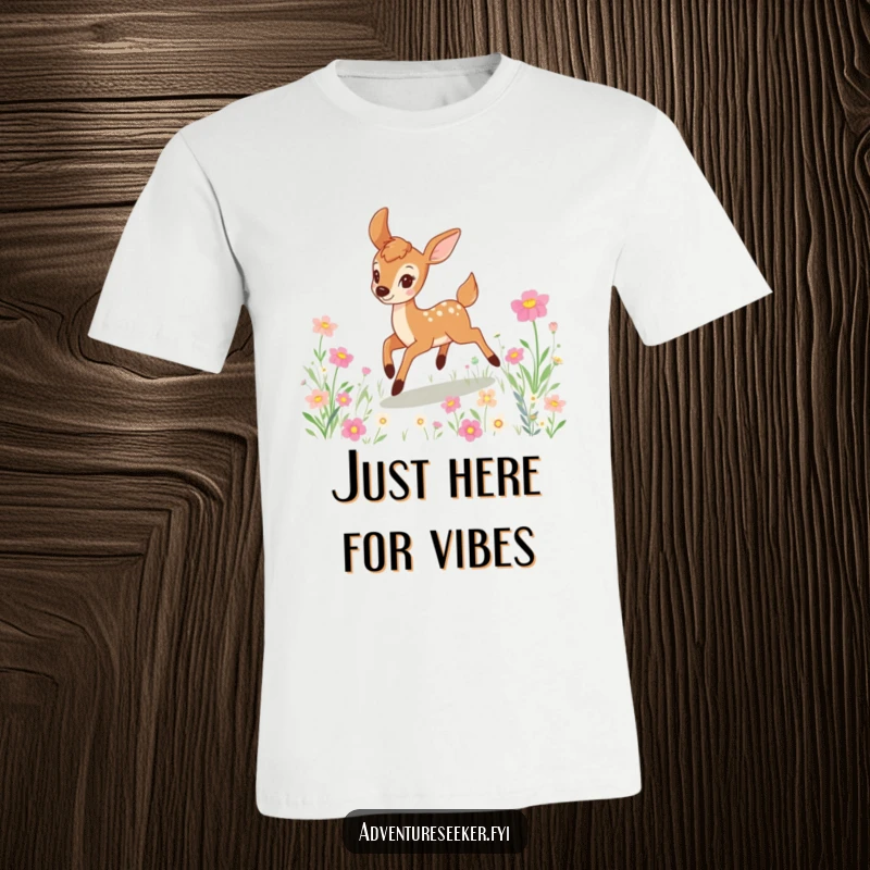Funny deer t-shirt featuring a happy character bounding with glee through a vibrant meadow filled with beautiful, colorful flowers.