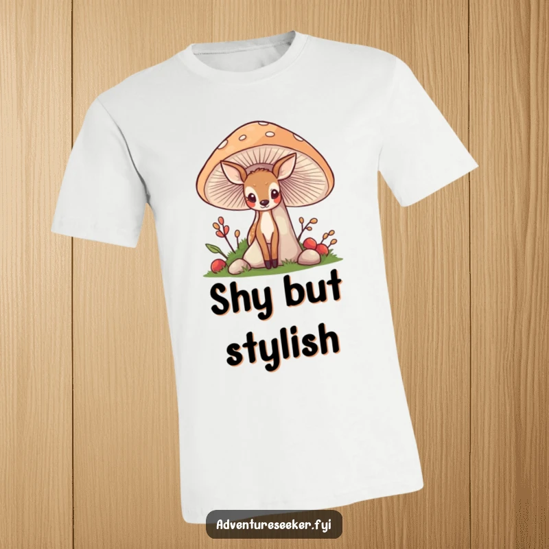 Funny Deer Mushroom T-Shirt: A sweet deer peeking from behind a large mushroom, inviting smiles and laughs.