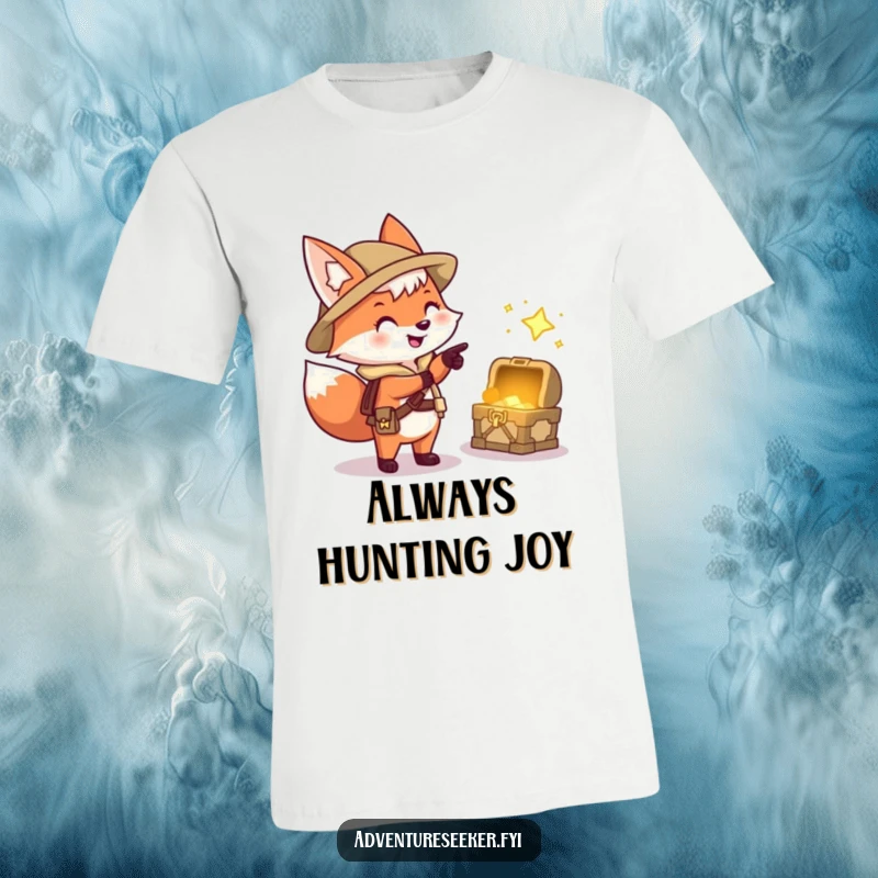 Funny t-shirt with a happy fox explorer character pointing enthusiastically at a distant, sparkling treasure chest, embodying excitement and discovery.