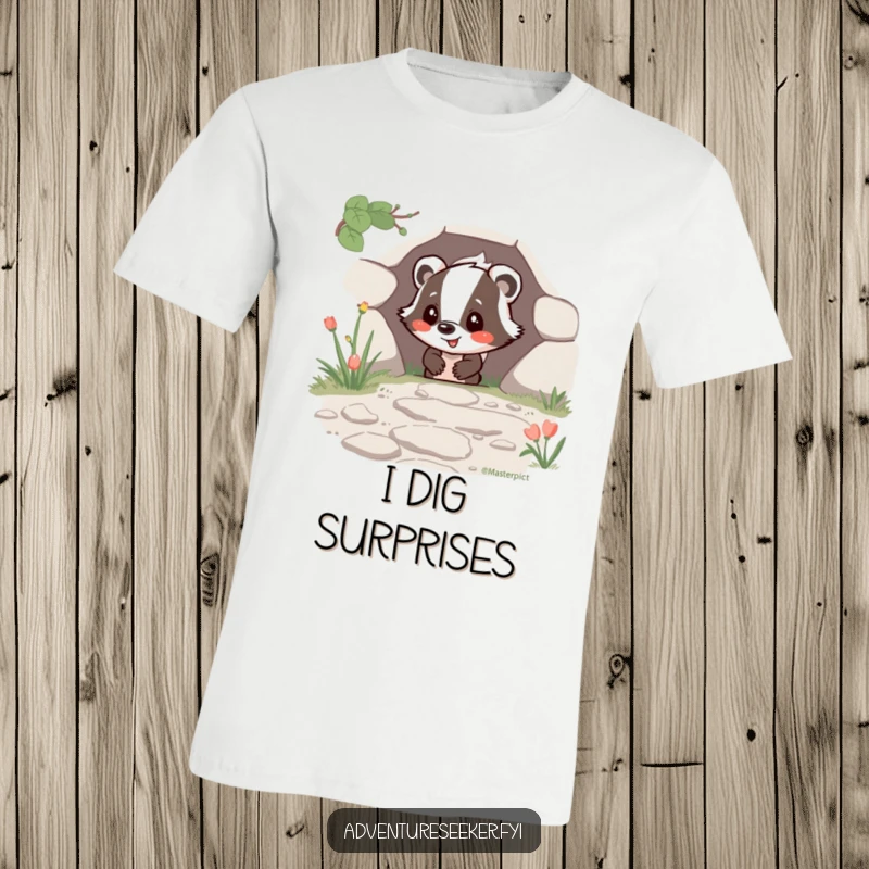 Funny Happy Badger T-Shirt showing a joyful badger character discovering a hidden path, great humorous apparel gift.