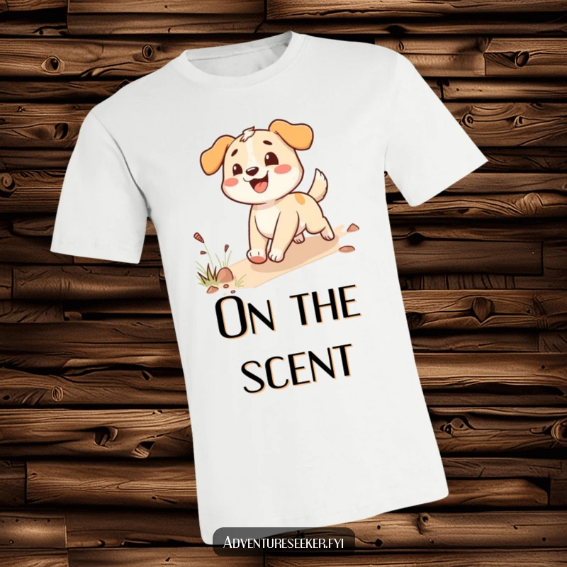 Funny happy dog t-shirt featuring an enthusiastic character following a trail, embodying canine joy and adventure.