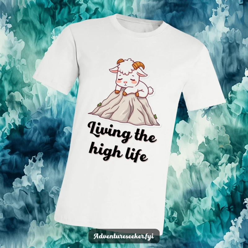 Funny Mountain Goat T-Shirt showing a contented goat character napping on a mountain peak, great humorous apparel gift.