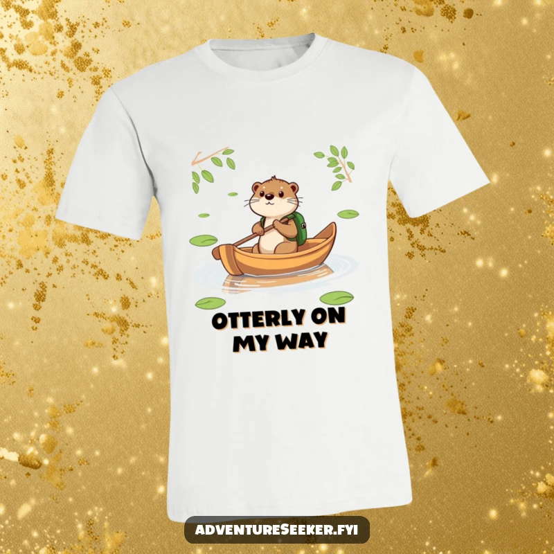 Funny Otter Leaf Boat T-Shirt. A determined otter with a backpack paddles a leaf-boat across a shimmering pond.
