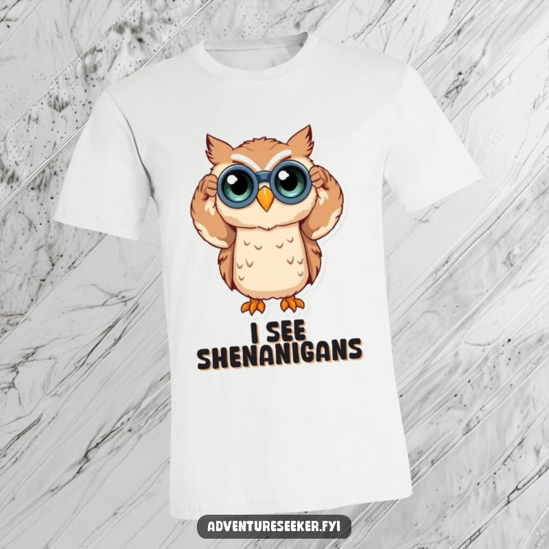 Funny owl character in a t-shirt, peering through binoculars with a curious look, ready for discovery. A great funny gift.