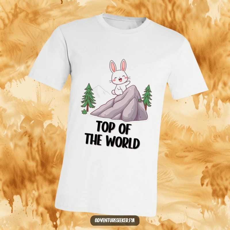 Funny T-shirt showcasing a giggling rabbit character excitedly climbing a mountain, capturing a moment of energetic ascent.