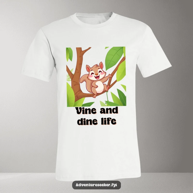 Funny t-shirt depicting a delighted squirrel grinning as it swings on a jungle vine, showcasing agility and a joyful spirit.