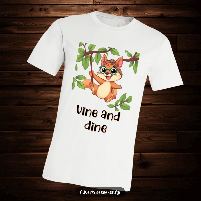 Funny Squirrel Explorer T-Shirt: Determined squirrel swinging from a vine with a wide smile, signifying pure joy and active adventure, a great gift.