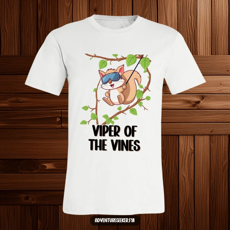 Funny Squirrel Zip Line T-Shirt. A Goggled squirrel courageously zip-lines down a vine, capturing the thrill of outdoor adventure.