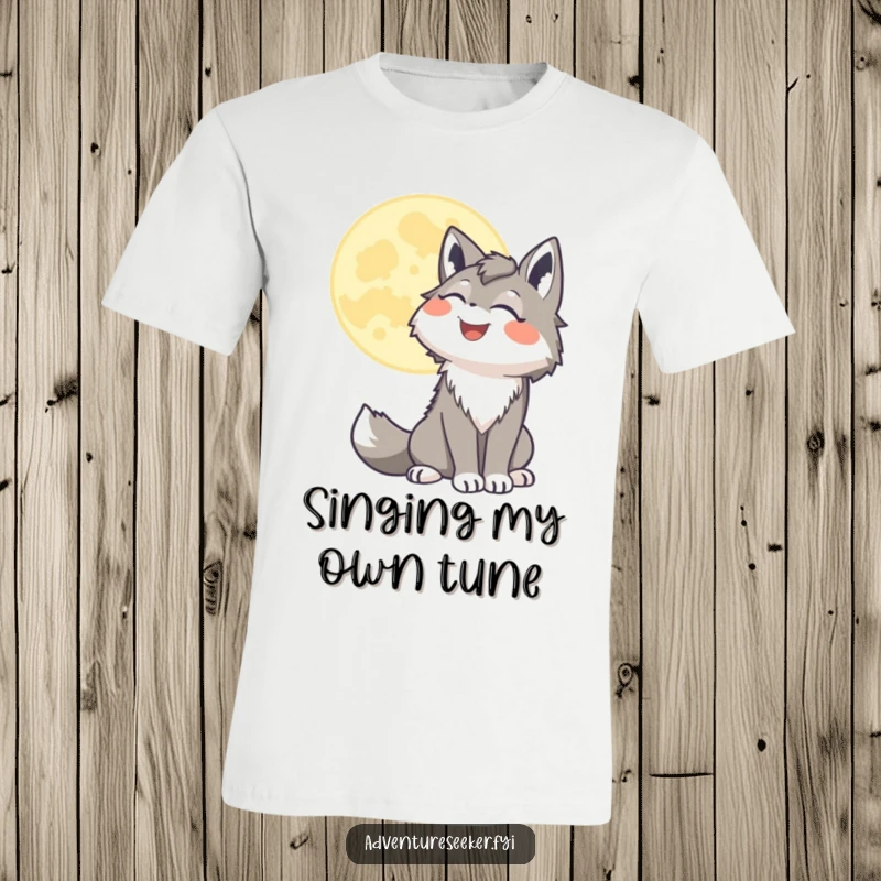 Funny wolf t-shirt depicting a happy character howling joyfully at a stylized moon, embodying a wild and free spirit.