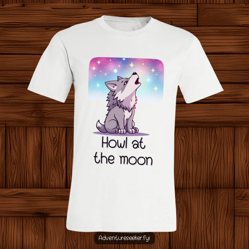 Funny t-shirt showing a determined wolf howling at a brilliant starry cosmos, capturing the essence of the wild night, a great gift.