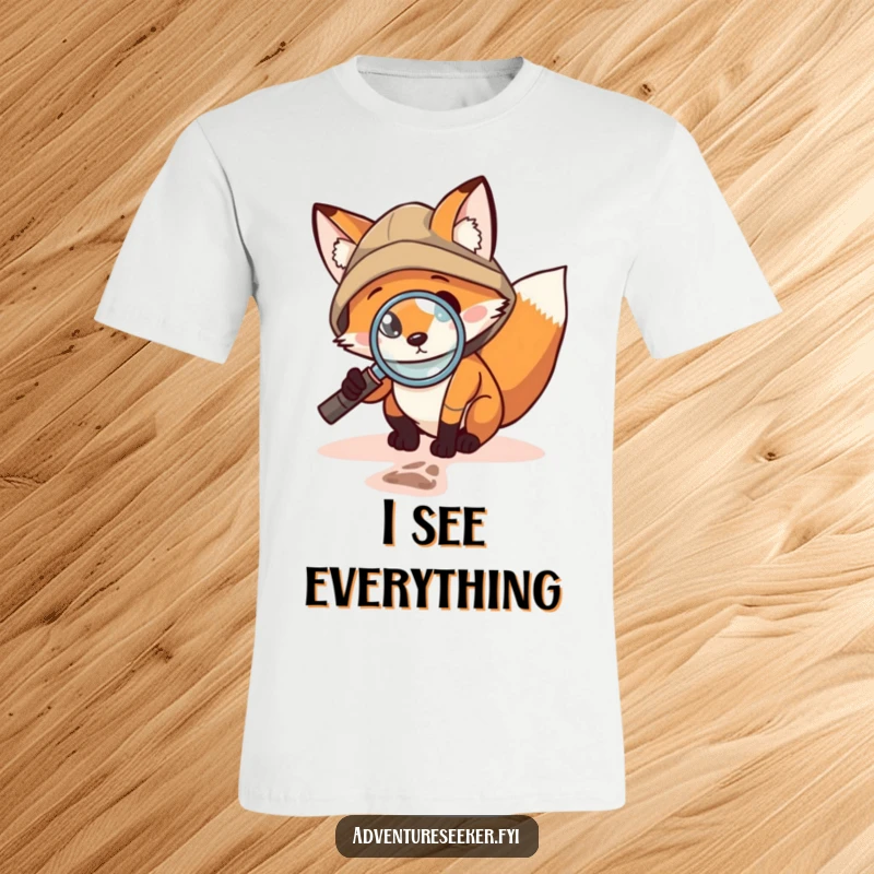 Funny Fox Explorer T-Shirt: Brave fox with magnifying glass inspecting a tiny footprint, signaling a love for mystery and adventure, a top gift.