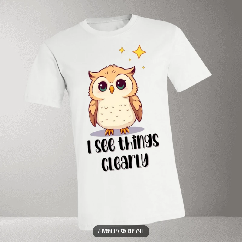 Funny Owl T-Shirt showing a curious owl character looking up at a distant star, ideal humorous apparel gift.