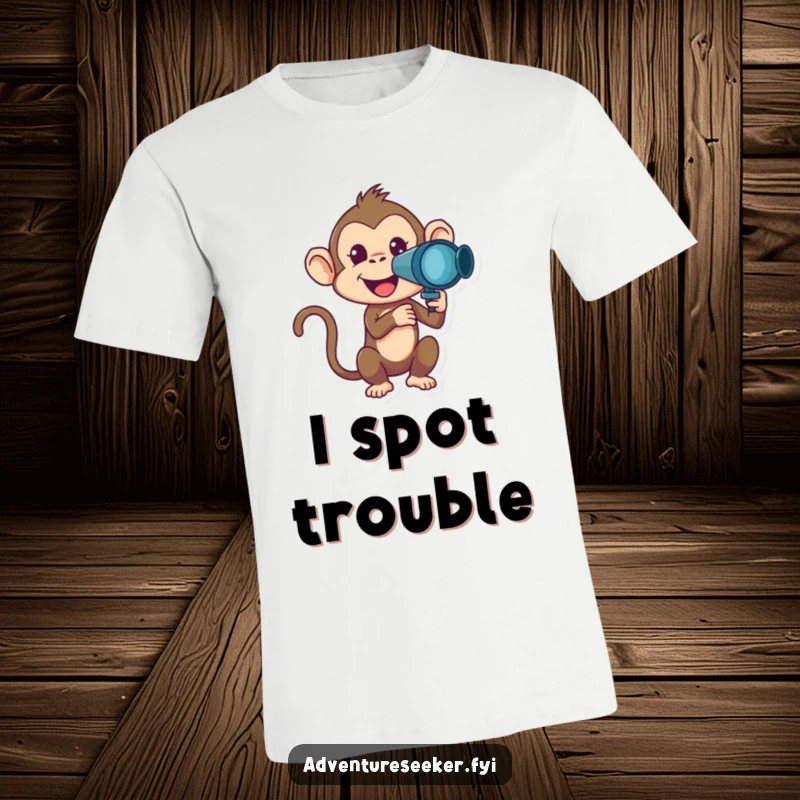 Funny Monkey T-Shirt featuring a mischievous monkey character looking through a telescope, great humorous apparel gift.