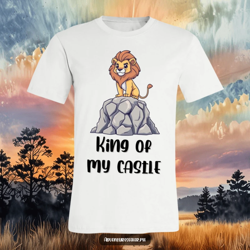 Funny t-shirt depicting a brave lion standing tall on a cliff, surveying the land below with a powerful and humorous aura, a great gift.