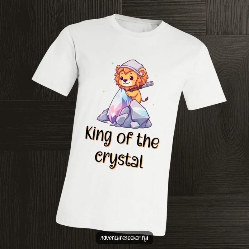 Funny Lion Explorer T-Shirt: A courageous lion climber conquering a sparkling crystal, showcasing daring and amusement.