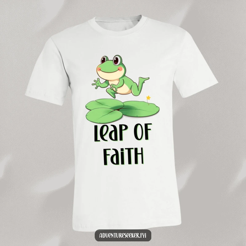 Funny smiling frog character in a t-shirt, leaping between large lily pads with glee. A cheerful funny gift.