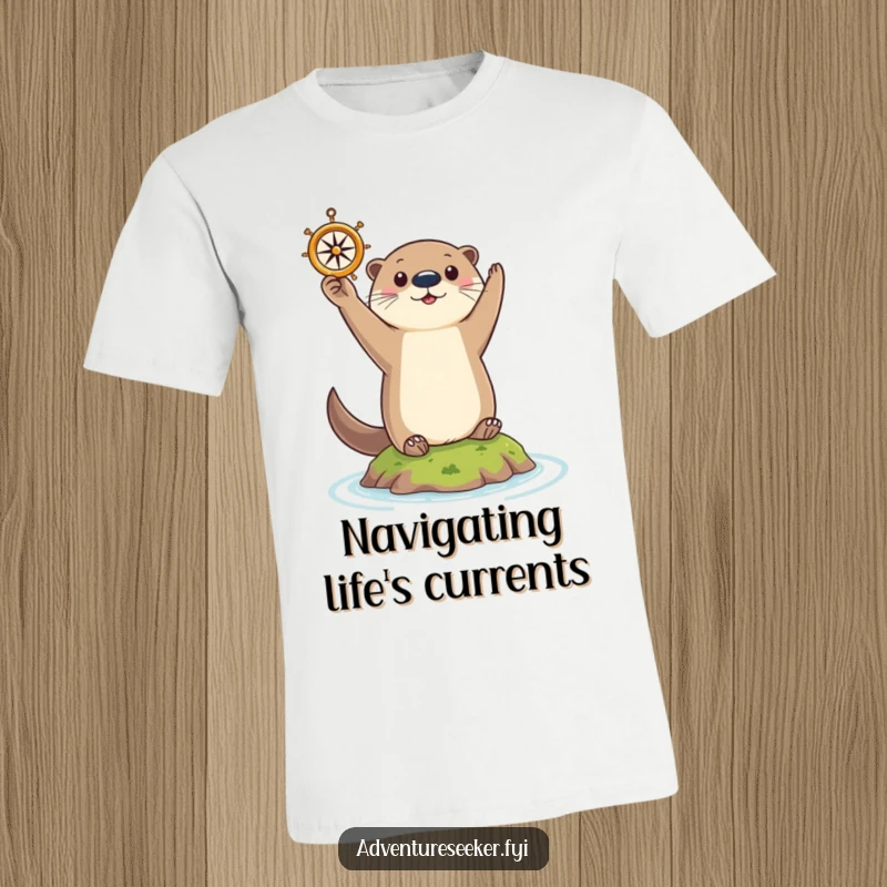 Funny Otter T-Shirt: Curious otter triumphantly holding a tiny compass aloft on a small island, pointing the way.