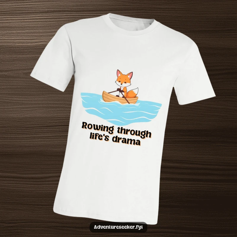 Funny t-shirt depicting a playful fox rowing a small boat on a vast ocean, representing a unique and humorous journey.