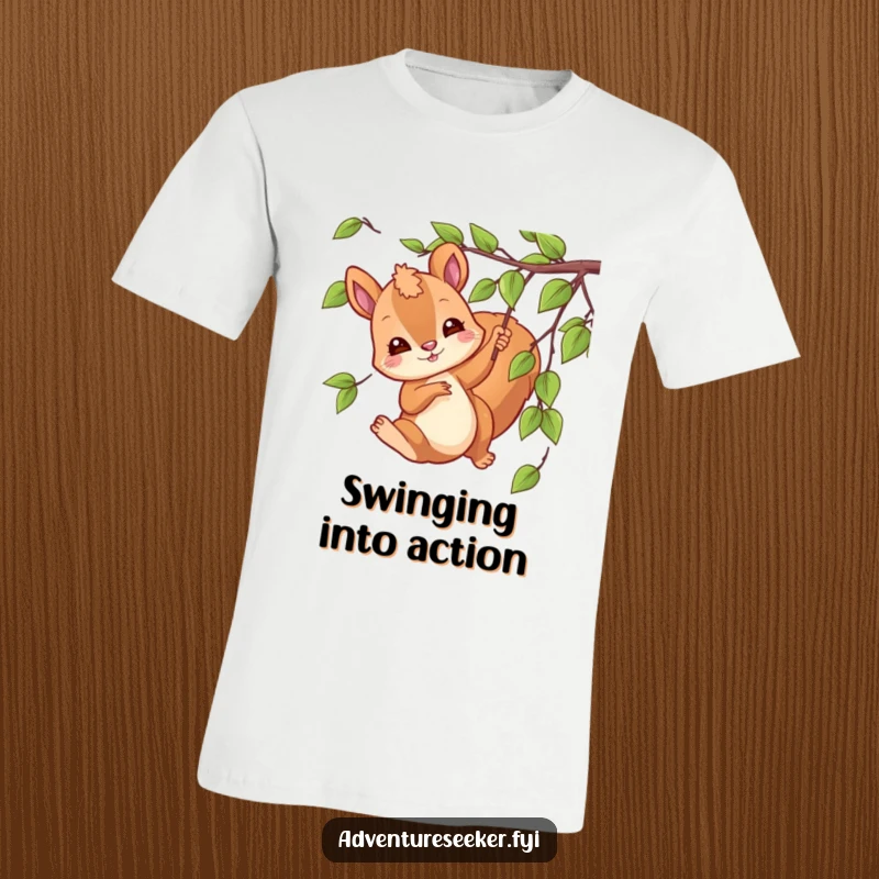 Funny swinging squirrel t-shirt showing a playful character mid-swing on a vine, full of forest energy.
