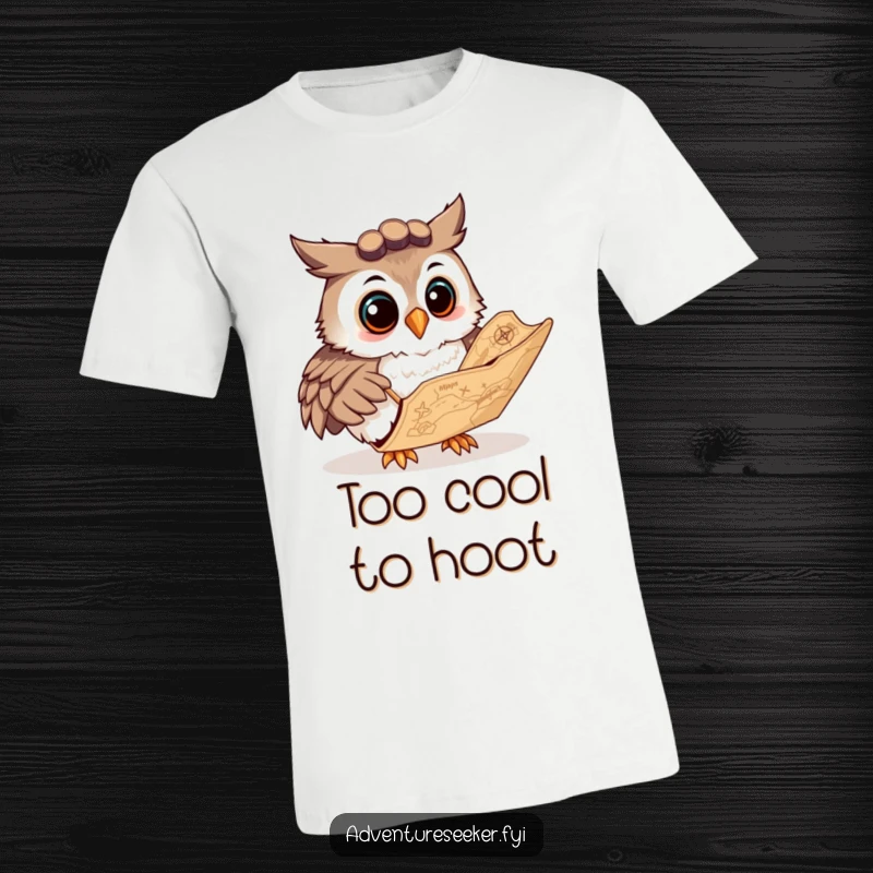 Funny t-shirt with a curious owl navigator character intently studying a large, ancient map with a pleasant smile, embodying knowledge.