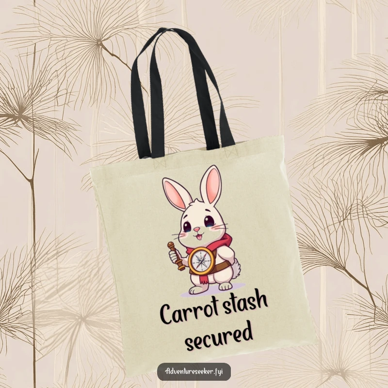 Funny rabbit explorer tote bag with a brave rabbit holding a compass, ready to explore.