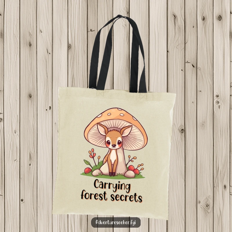 Funny Deer Mushroom Tote Bag: A shy deer behind a mushroom, perfect for carrying everyday items with humor.