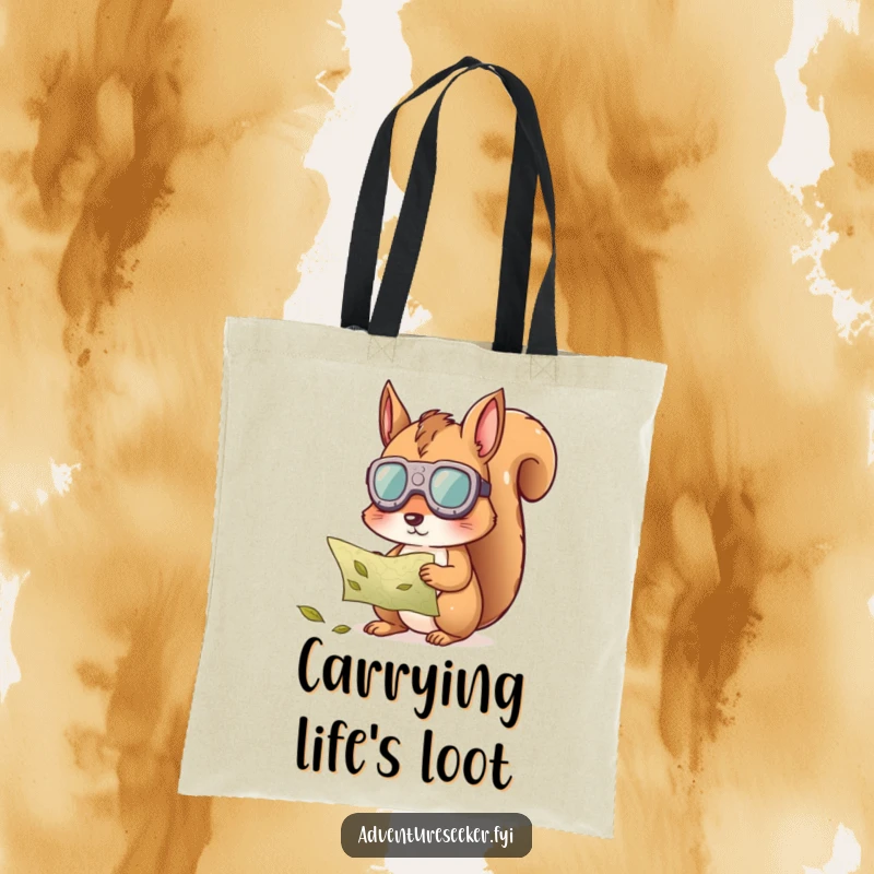 Funny squirrel map tote bag, with a curious squirrel wearing goggles studying a map made of leaves.