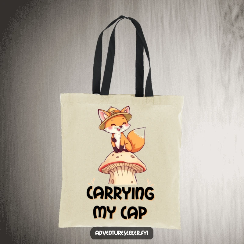 Funny Fox Pith Helmet Tote Bag. A fox wearing a pith helmet climbs a mushroom, perfect for carrying adventure essentials.