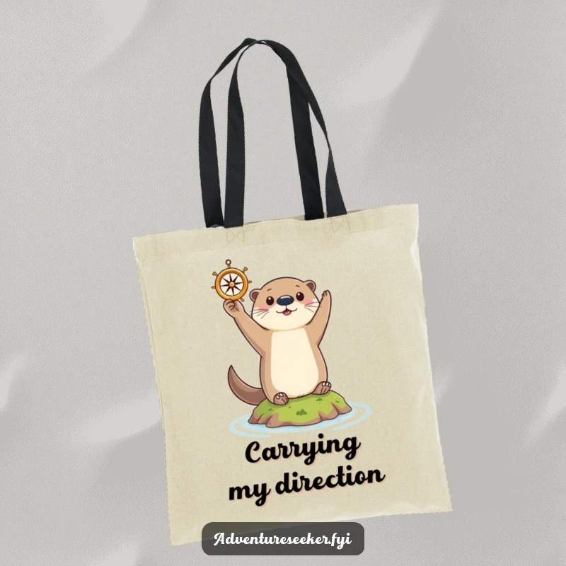 Funny Otter Tote Bag: Curious otter triumphantly holding a tiny compass aloft on a small island, practical for carrying.