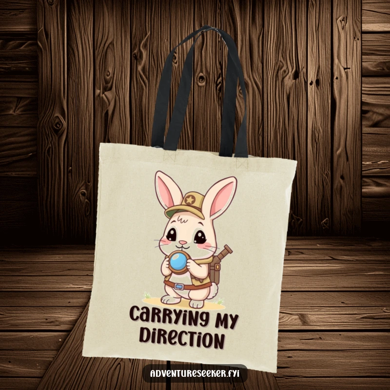 Funny Rabbit Scout Tote Bag: Curious rabbit holding a mini compass, looking ahead eagerly, perfect for carrying essentials with a humorous, directional flair.