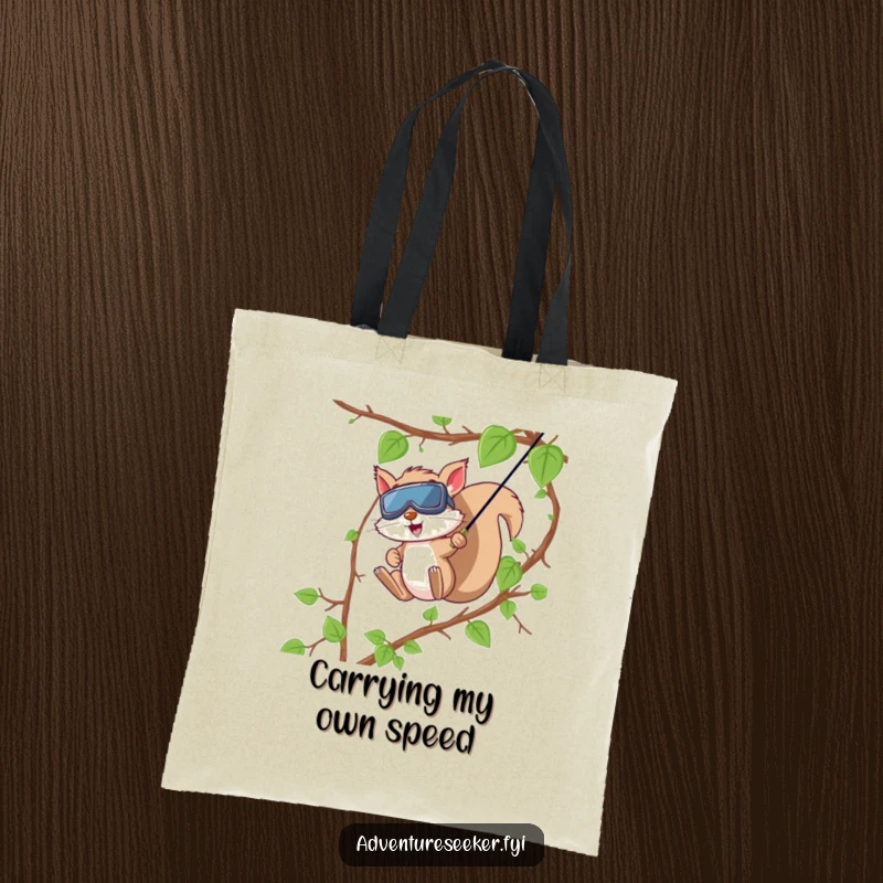 Funny Squirrel Zip Line Tote Bag. A bold squirrel wearing goggles zip-lines with excitement on a vine, perfect for carrying essentials.