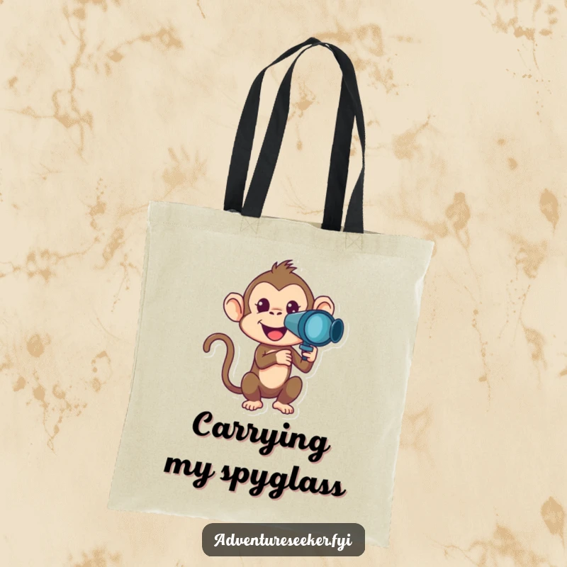 Funny Monkey Tote Bag showcasing a mischievous monkey character looking through a telescope, a humorous and practical gift.