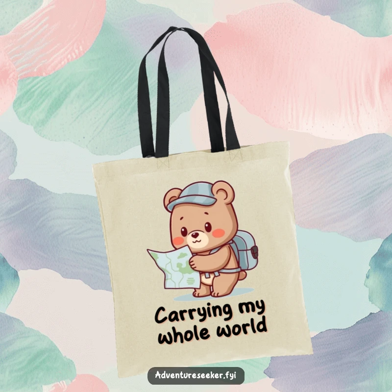 Funny Bear Tote Bag: Cute character with backpack and map, perfect for carrying gear on funny, spontaneous trips.