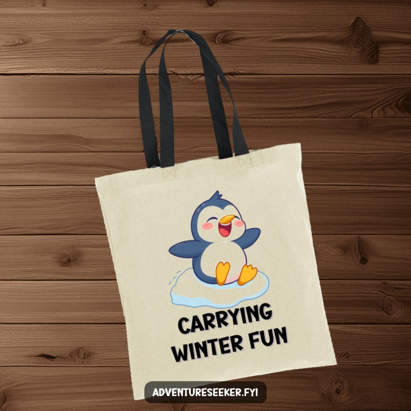 Funny tote bag featuring a laughing penguin character sliding down packed snow, a delightful and humorous accessory, great for gifts.