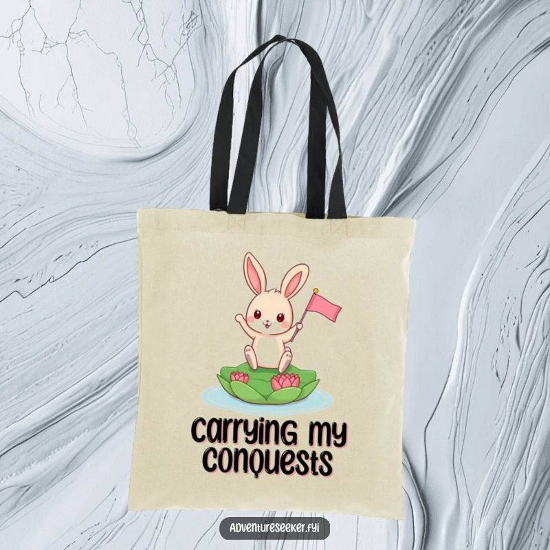 Funny Bunny Tote Bag: Playful bunny triumphantly planting a tiny flag on a floating lily pad, practical and cute.