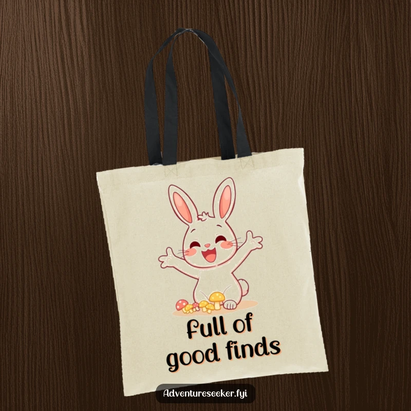 Funny bunny mushroom tote bag, showing a cheerful bunny excitedly discovering a cluster of bright, glowing mushrooms.