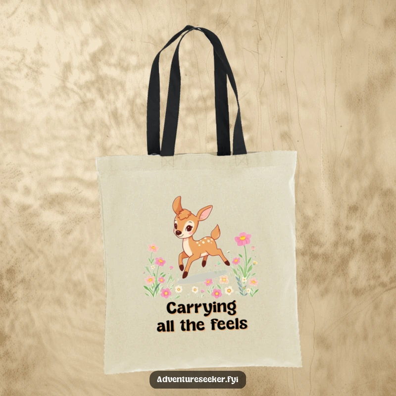 Funny deer tote bag showcasing a playful character leaping joyfully amidst a beautiful, sprawling field of vibrant flowers.