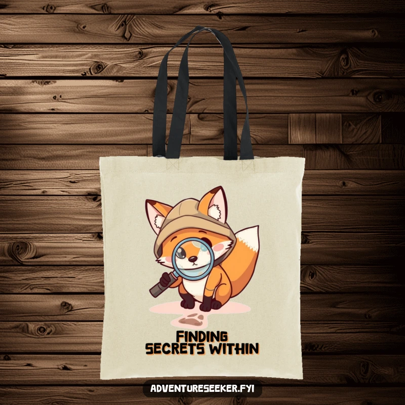 Funny Fox Explorer Tote Bag: Brave fox using a magnifying glass to inspect a tiny footprint, perfect for carrying essentials with a humorous, investigative flair.