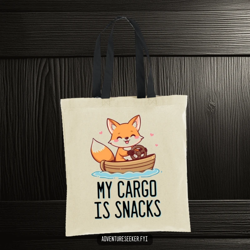 Funny tote bag with a cheerful fox character happily steering a small boat, ideal for carrying essentials with nautical flair.