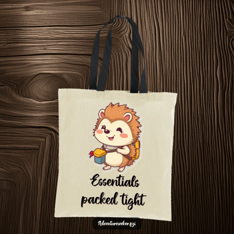 Funny tote bag with a smiling hedgehog explorer packing a small backpack, ideal for carrying essentials on the go.