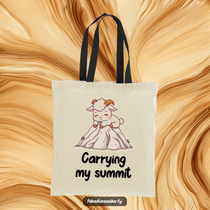 Funny Mountain Goat Tote Bag showcasing a contented goat character napping on a mountain peak, a humorous and practical gift.