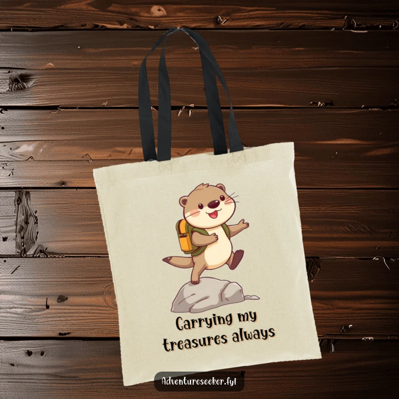 Funny Otter Tote Bag: Cheerful adventurer otter with backpack leaping over a rock, ideal for carrying essentials with a humorous, adventurous vibe.