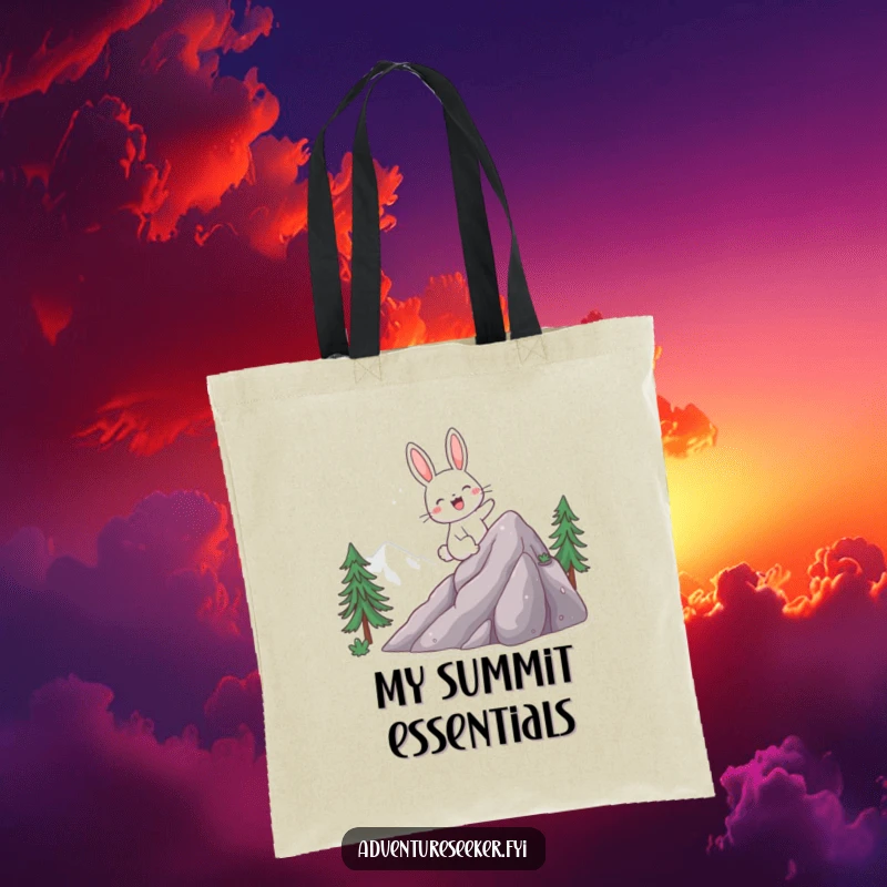 Funny tote bag with a giggling rabbit character excitedly climbing a mountain, perfect for carrying adventure gear with a smile.