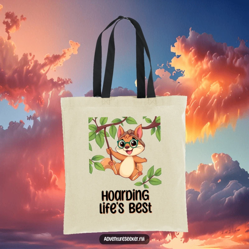 Funny Squirrel Explorer Tote Bag: Determined squirrel swinging from a vine with a wide smile, perfect for carrying essentials with a humorous, energetic flair.