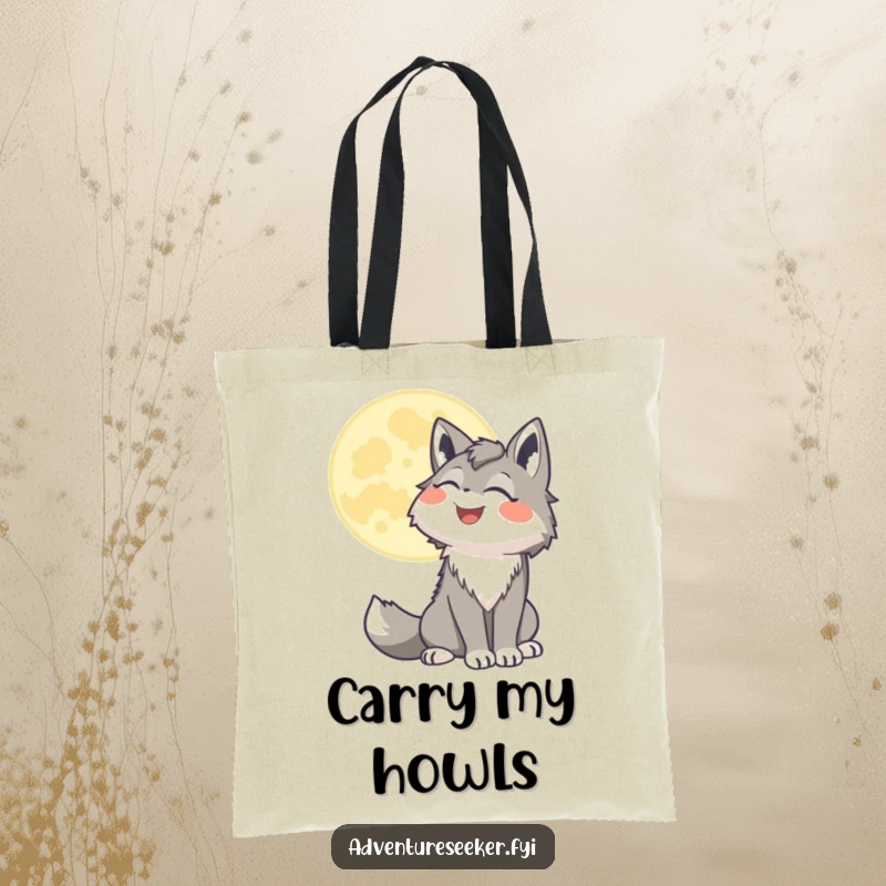 Funny wolf tote bag showcasing a smiling character howling joyfully at a stylized moon, perfect for a night out.