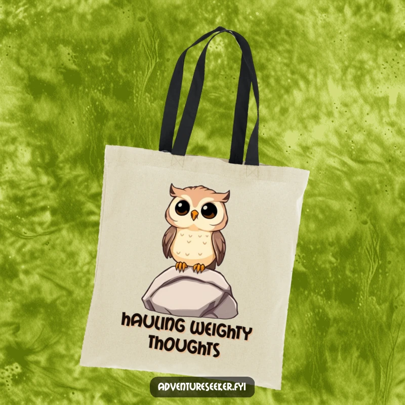 Funny Owl Tote Bag: Curious owl character on a rock, gazing into the distance, ideal for carrying funny ideas.